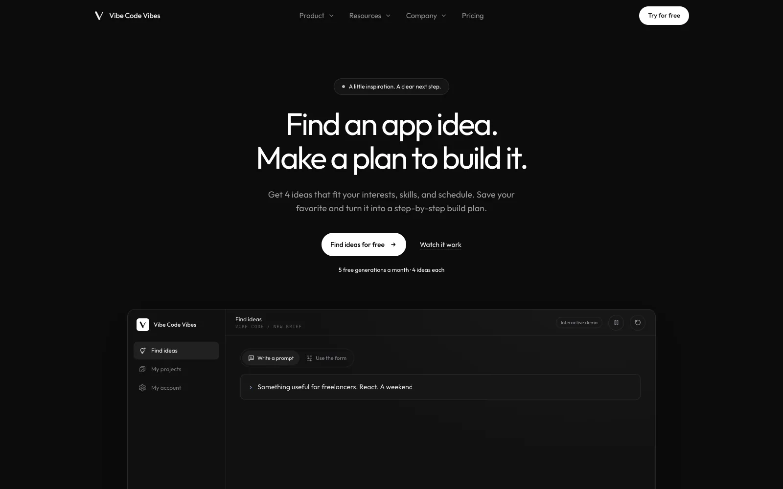 Vibe Code Vibes homepage with its idea generator demo, showing a brief turning into four ideas